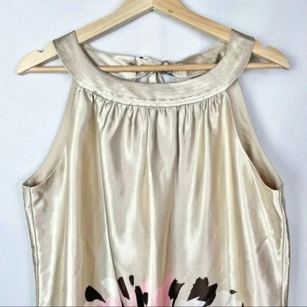 Boutique Gold Satin Floral Tie Back Mini Shift Dress 12 - Picture 3 of 5